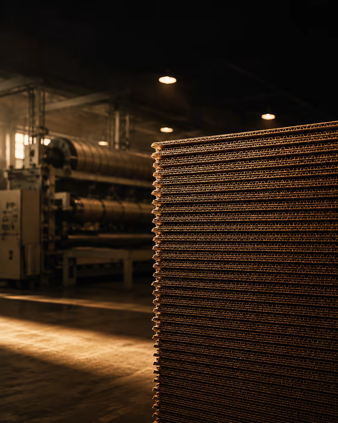 Freshly corrugated kraft board stacked on the factory floor